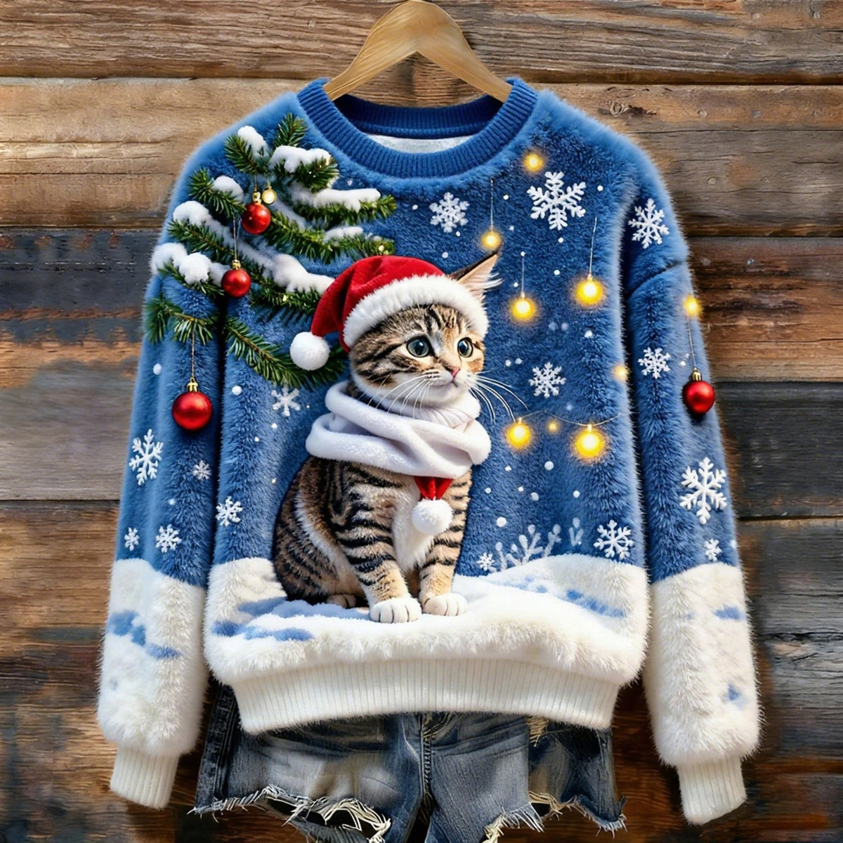 Christmas Cat Art Women's Cozy Plush Sweater