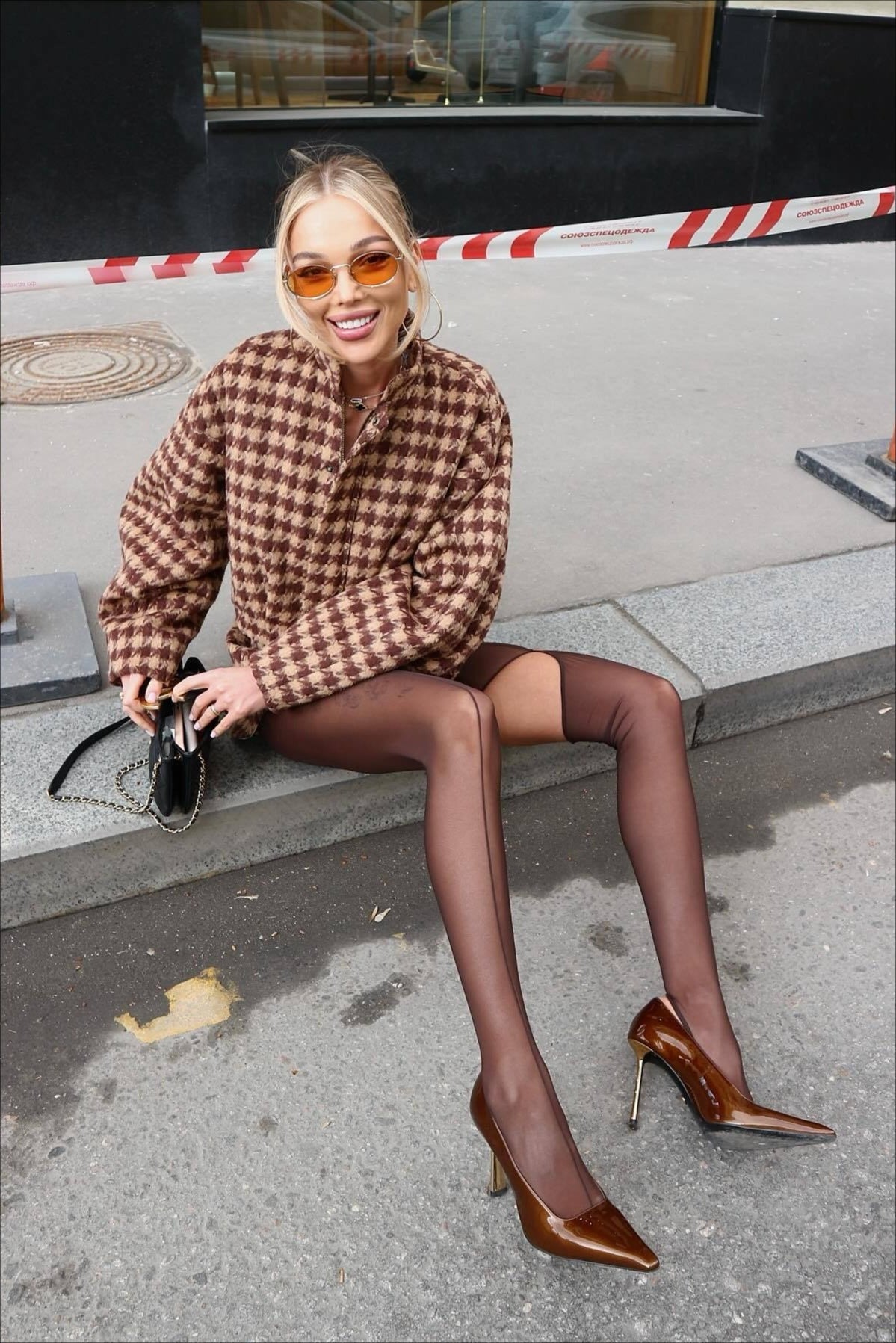 Houndstooth Zip Jacket and Shorts Two Piece Set