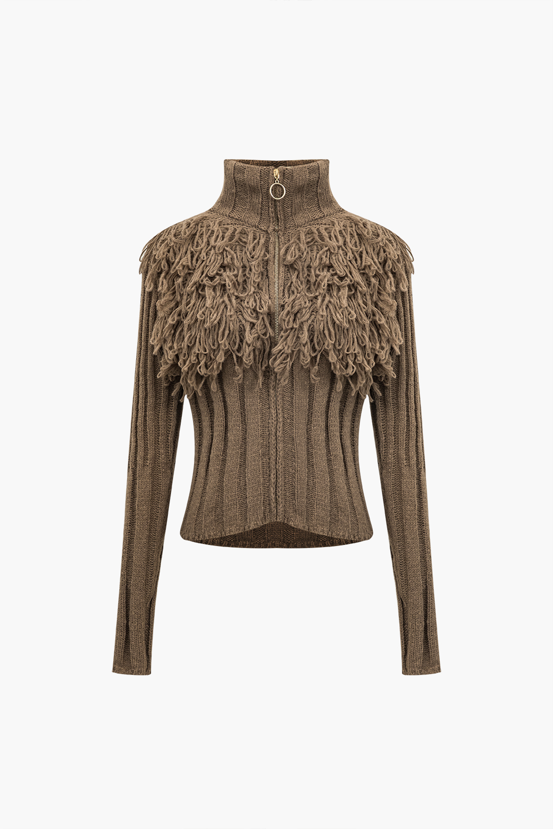Sweater Fringe Zipper Long-sleeve Top