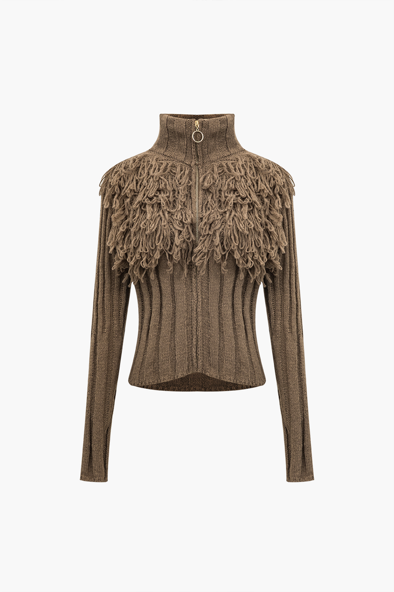 Sweater Fringe Zipper Long-sleeve Top