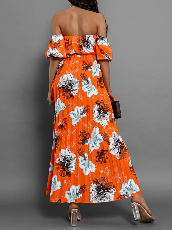 A-line Loose Elasticity Flower Print Pleated Split-joint Tied Waist Off-the-shoulder Maxi Dresses