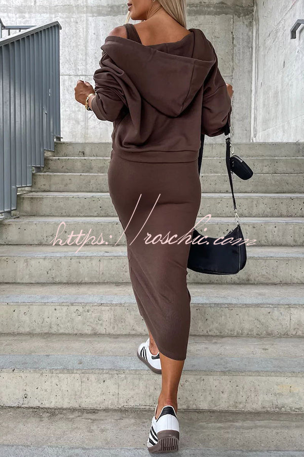Around the World Hooded Sweatshirt and Slip Maxi Skirt Two Piece Set