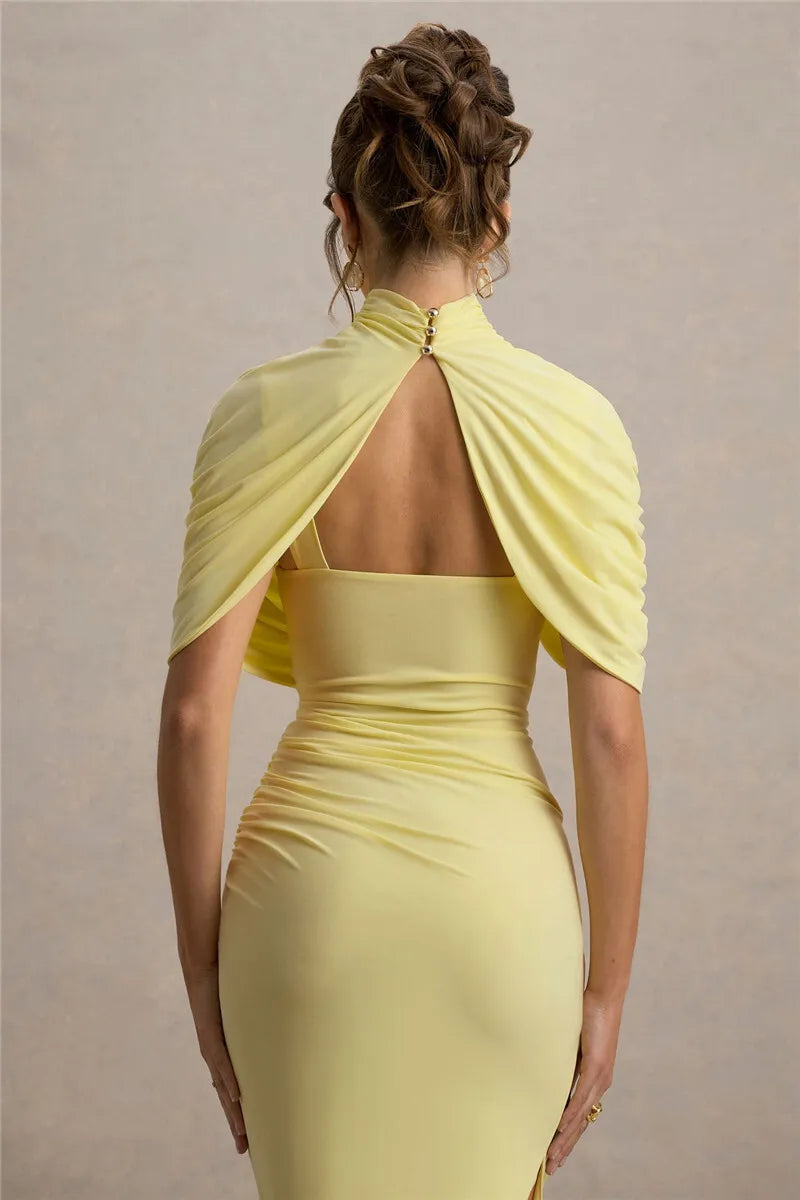 Lyricara — Backless Maxi Dress With Ruched Waist and Turtleneck