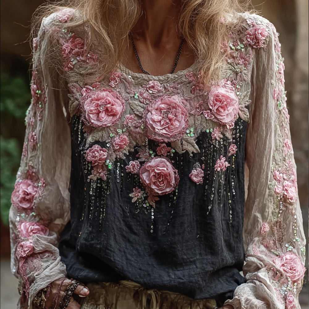 Bohemian Embroidered Flower Vintage Casual Round Neck Black And White Long-sleeved Shirt elevenforest