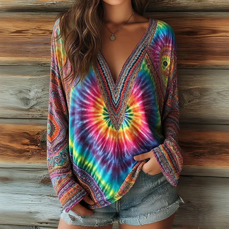 Women's Ethnic Geometric Tie-dye Print V-neck T-shirt elevenforest