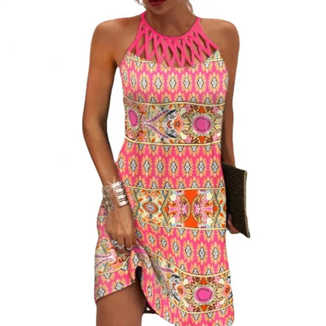 Print Halter Neck Mini Dresses Summer New Hollow Out O Neck Sleeveless Dress Lady Commuting Short Vestidos