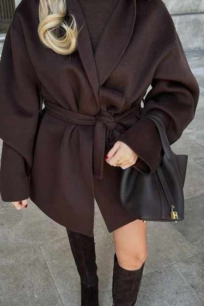 Dark Brown Short Loose Tie Waist Wool Coat
