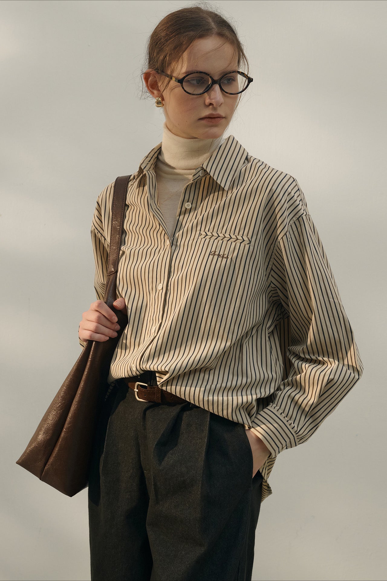 Color Block Stripe Collar Cotton Blouse