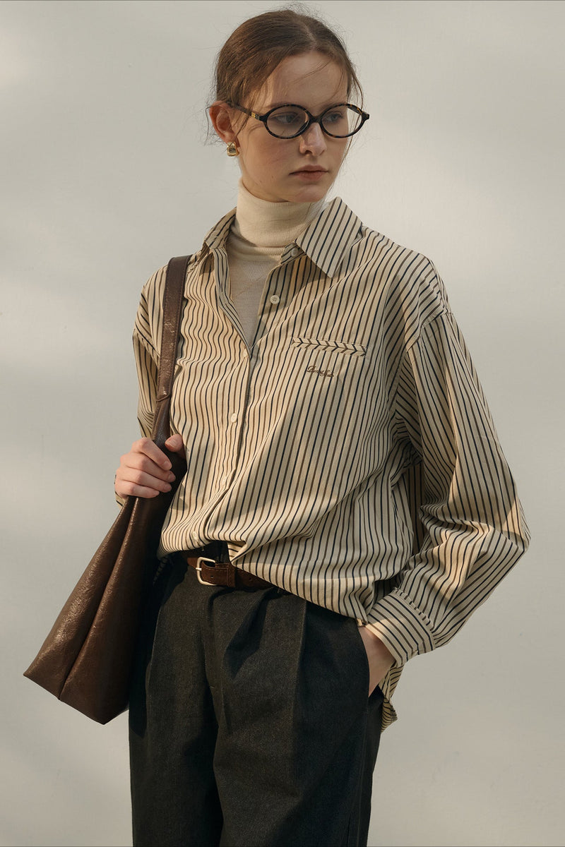 Color Block Stripe Collar Cotton Blouse