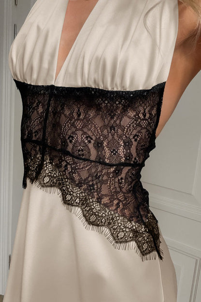 Lace Sheer Deep V Halter Maxi Dress