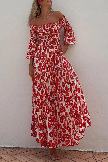 Close to the Vacation Print Smocked Off Shoulder Pocketed Maxi Dress