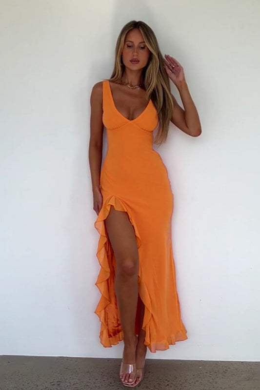 V-neck Ruffled Hem Bodycon Maxi Dress