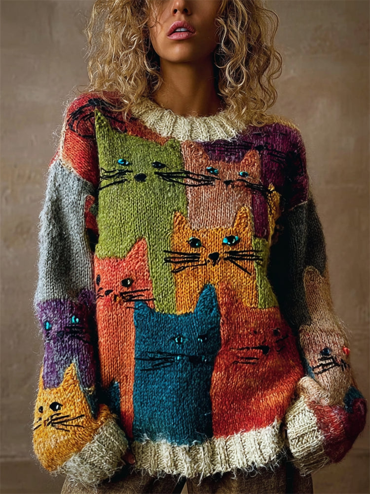 Vintage Colorful Crowded Cats Colorblock Cozy Knit Sweater