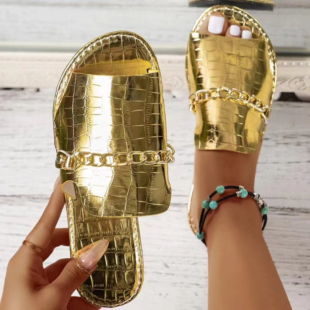 Flat Beach Sandals With Chain Accessories