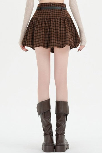 Plaid Bubble A-line Khaki Short Skirt