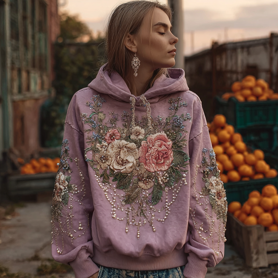 Bohemian Style Plant And Flower Embroidery Pattern Women's Hooded Sweatshirt elevenforest