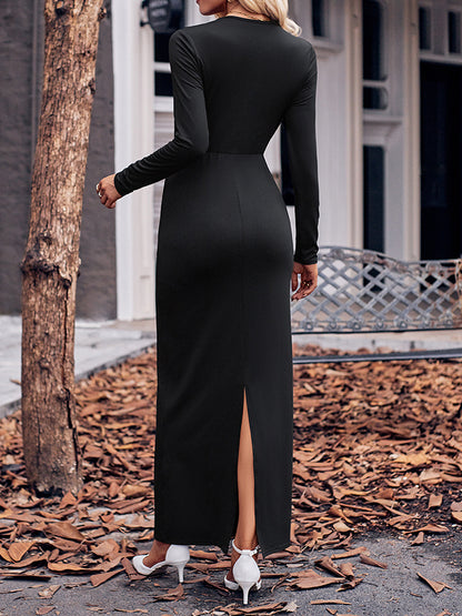 Bodycon Long Sleeves Bowknot Color V-neck Maxi Dresses