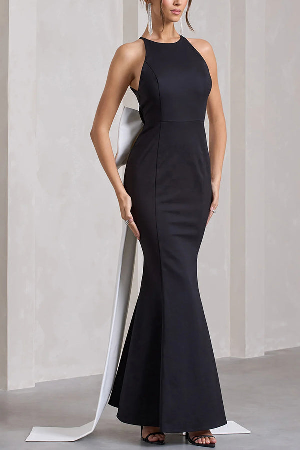 Statement Racer Neck Back Oversized Bow Hem Backless Maxi Dress