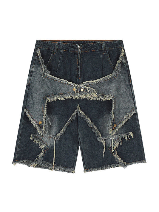 Star Pattern Patchwork Baggy Denim Shorts