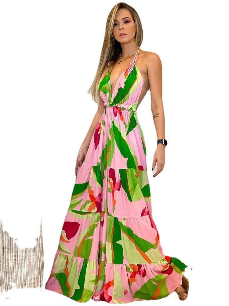 Style Print Halter Neck Dresses V-neck Backless Vacation Beach Long Dress Commuting Clothing Vestidos
