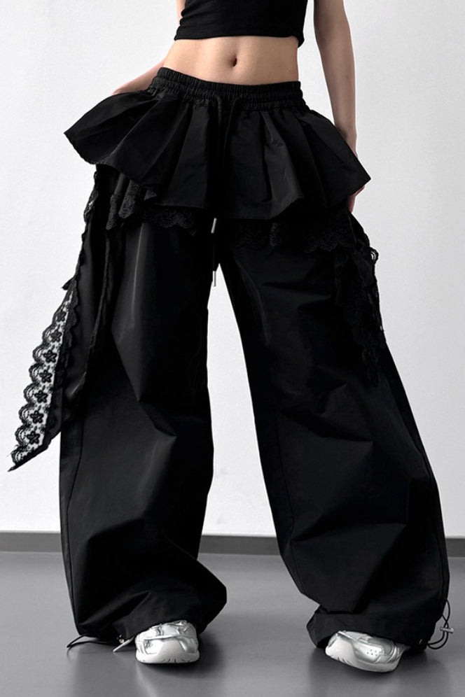 Lace Skirt Hem Trim Wide Leg Pants