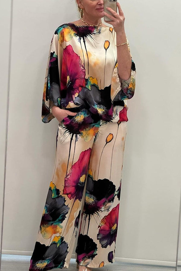 Satin Botanical Print Crew Neck Top and Elastic Waist Loose Pocket Pants Set