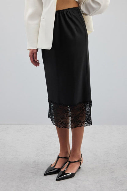 Satin Lace Trim Bodycon Skirt
