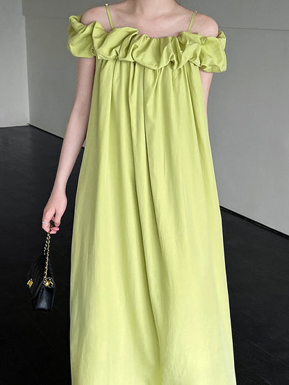 Loose Sleeveless Elasticity Pleated Color Split-joint Off-the-shoulder Maxi Dresses