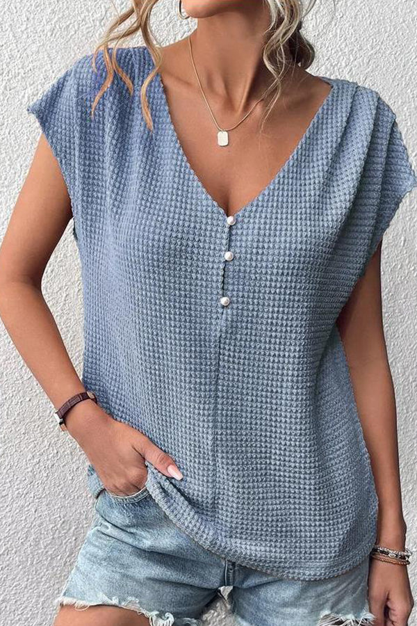 Waffle Color V Neck Button Pullover T-shirt