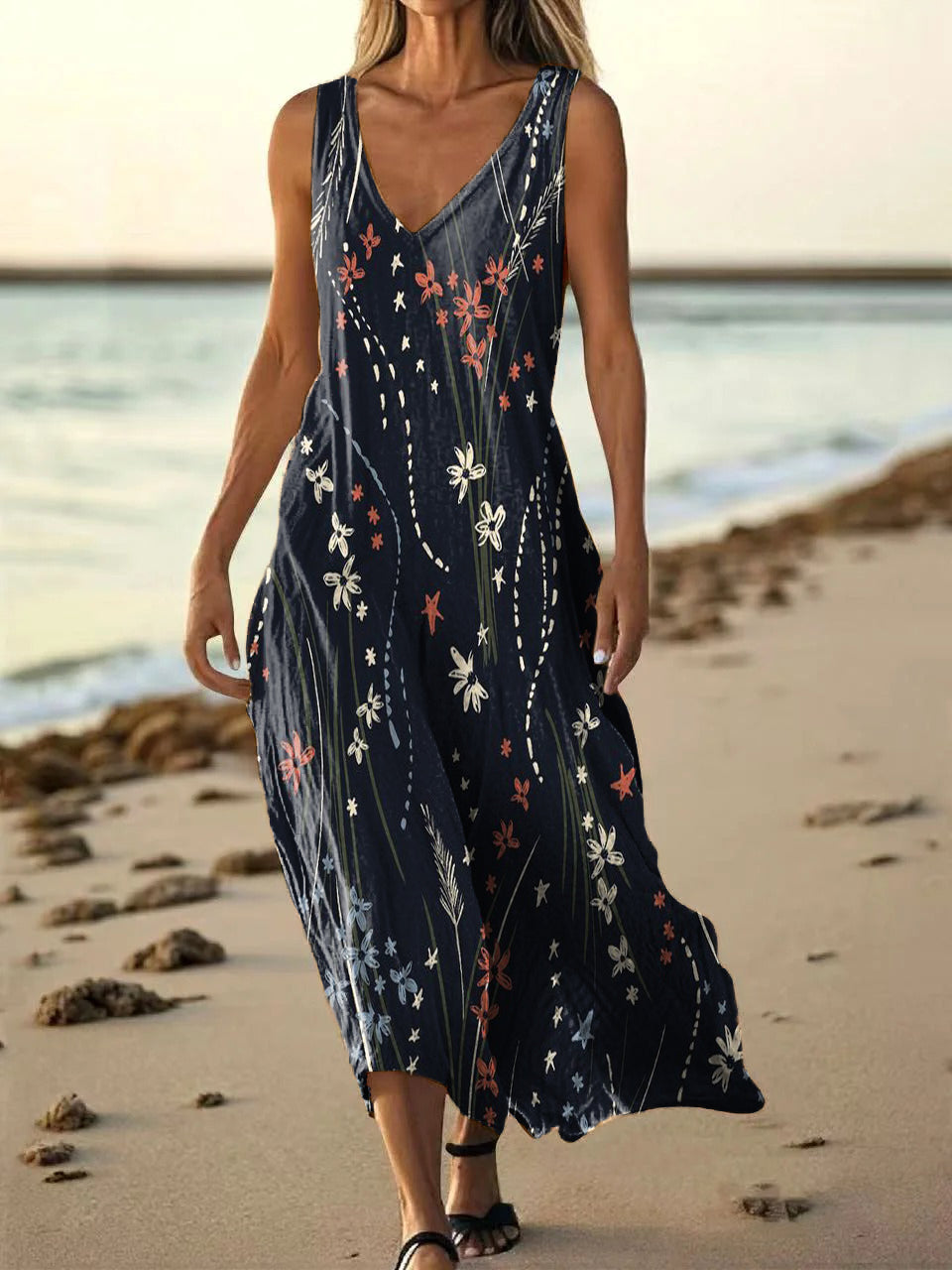Women's Flower Art Print Pocket V Neck Cotton Dress