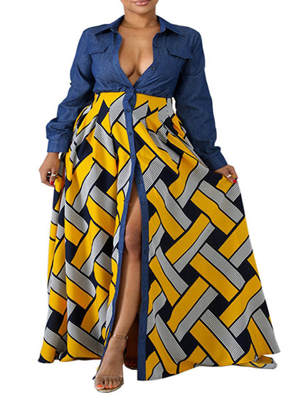 Long Sleeves Loose Buttoned Elasticity Printed Split-joint Lapel Maxi Dresses