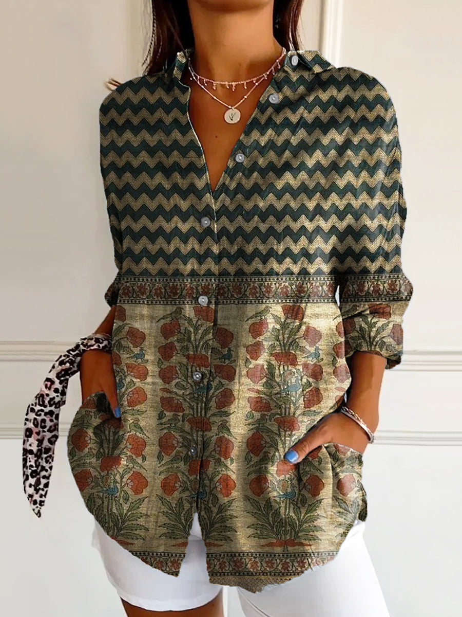 Women's Vintage Bohemian Floral Art Print Casual Cotton Shirt