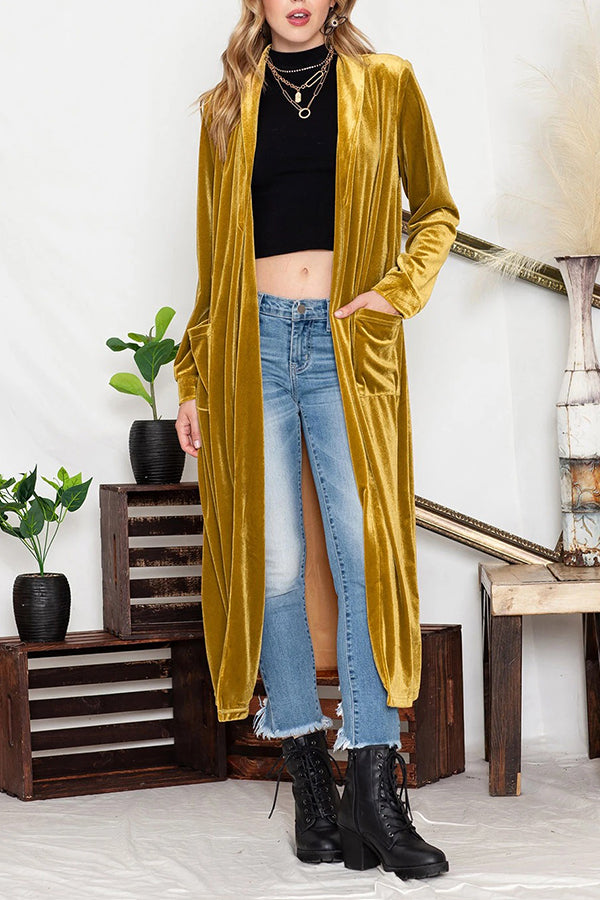 Yellow Velvet Open Front Pocket Long Cardigan