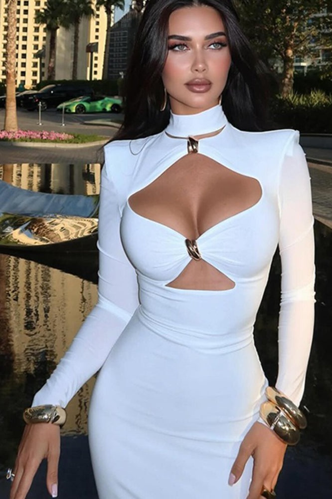 Minimalist Cutout Metal Embellished Fitted Maxi Dress