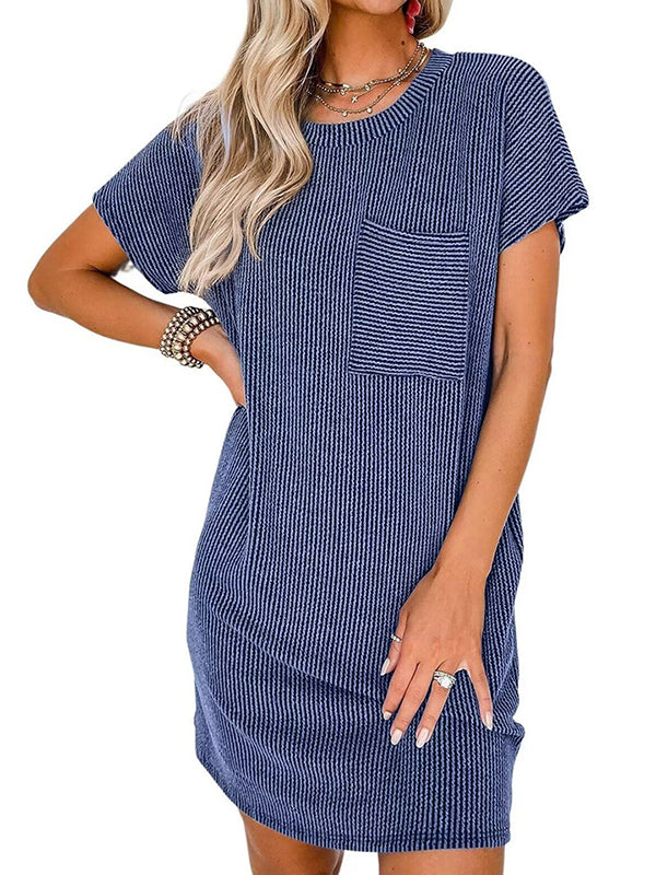 A-line Loose Contrast Color Pockets Split-joint Striped Round-neck Mini Dresses