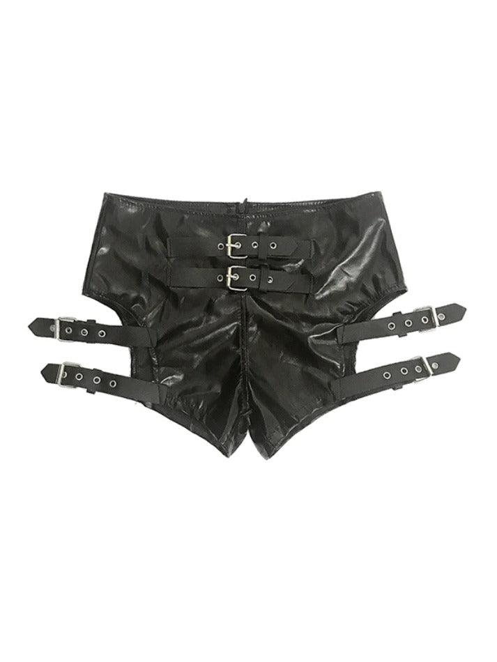 Black Punk Leather Hollow Shorts With Buckle