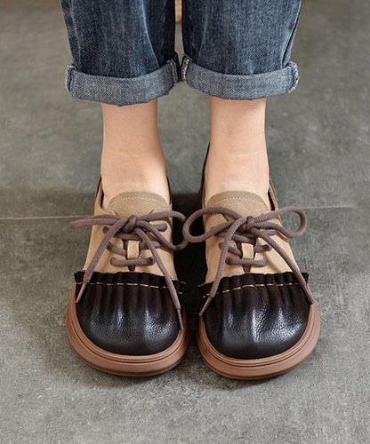 Red Cowhide Leather Wrinkle Splicing Lace Up Flats Shoes