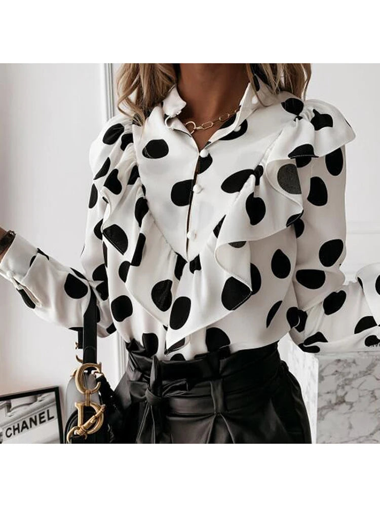 Leopard Dot Print Ruffle Blouse Shirt Autumn Winter Long Sleeve Shirts Office Lady V-neck Button Tops Blusa