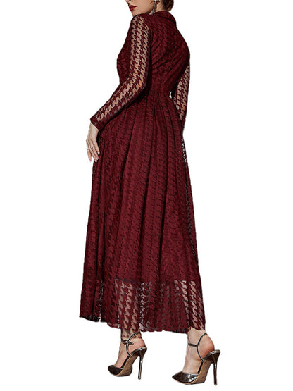 High Waisted Long Sleeves Buttoned Gauze See-through Color V-neck Maxi Dresses