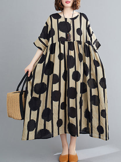 Original Polka-dot Split-joint Round-neck Midi Dress