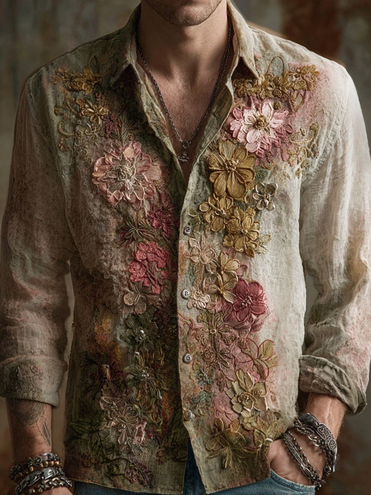 Vintage Floral Embroidered Gradient Cozy Linen Shirt elevenforest