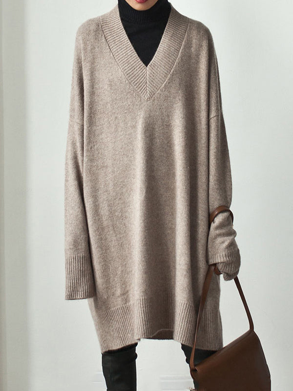 Stylish Long Sleeves Loose Color V-neck Sweater Dresses