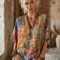 Bohemian Floral Pattern Embroidery Patchwork V-neck Short-sleeved Shirt elevenforest