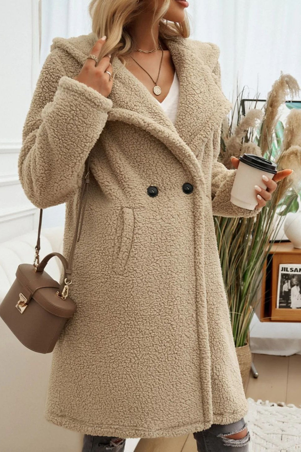 Mid-length Fuzzy Lapel Coat
