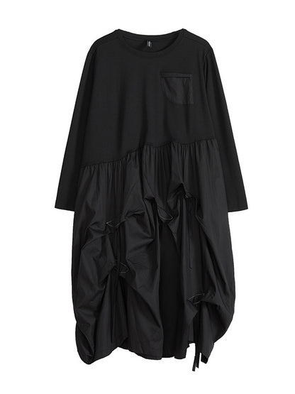 Long Sleeves Loose Split-joint Color Round-neck Midi Dresses