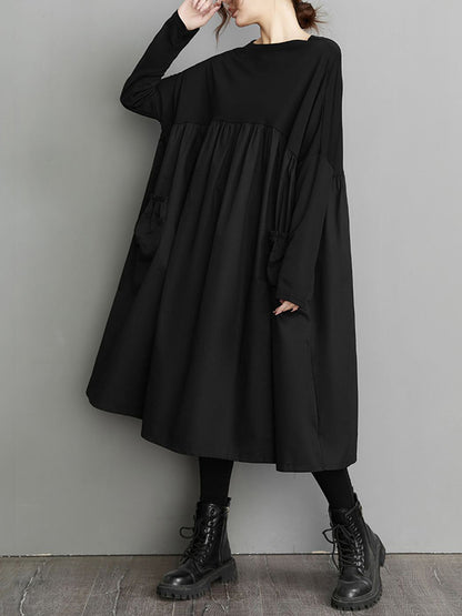 Simple Loose Black Split-joint Long Sleeves Midi Dress
