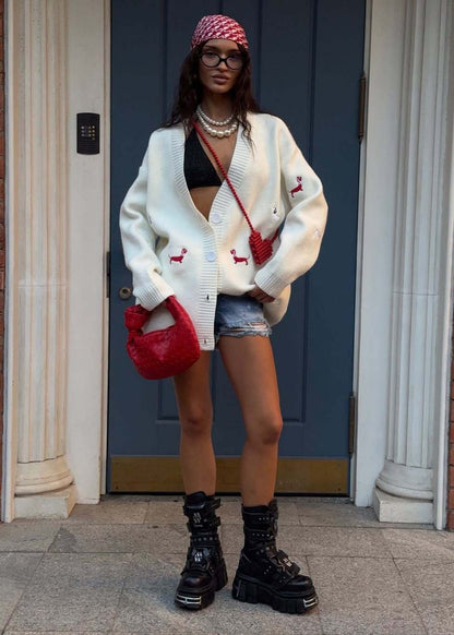 Oversized Dachshund Embroidered Cardigan – Knit Sweater