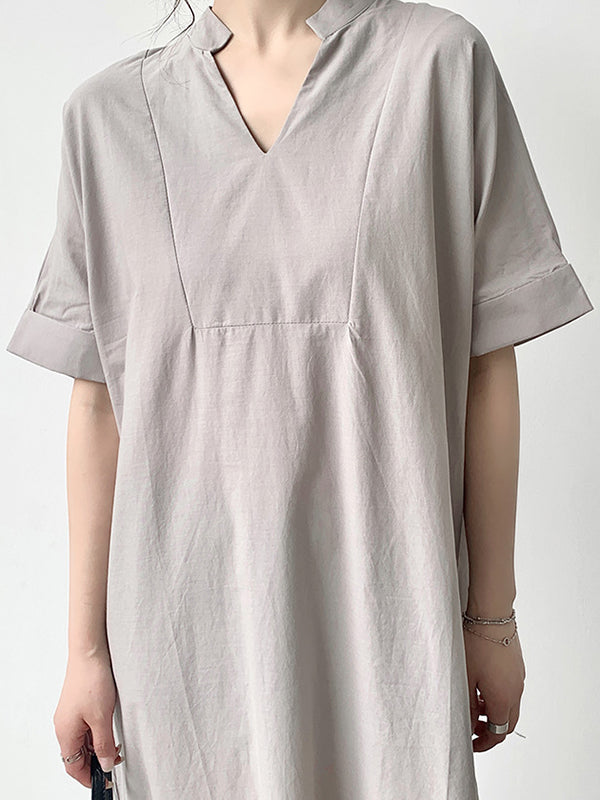 Loose Short Sleeves Color V-neck Maxi Dresses