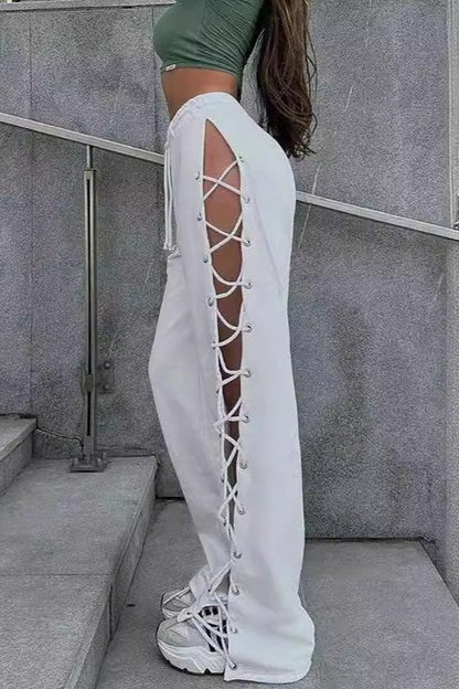 Side Slit Tie Cutout Wide Leg Pants