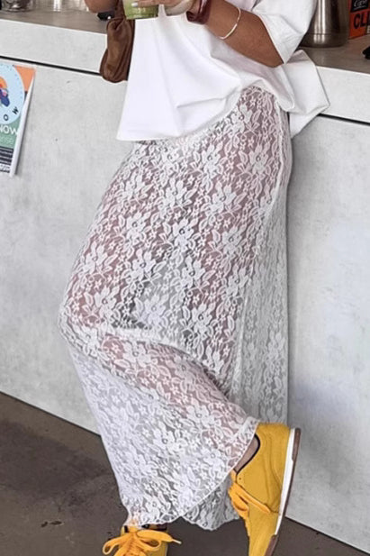 White Lace High Waist A-line Midi Skirt
